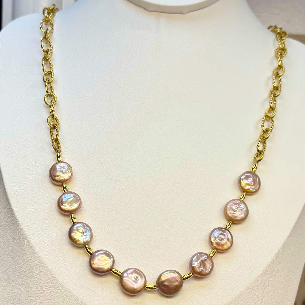 Np126 Handmade Genuine Golden Pink Coin Pearl Rolopaperclip Necklace 18kgplated